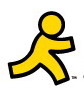 Static yellow stick figure with black outline in running pose on white background, pixelated rendering.