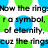 A static image with text and shapes: green circles, blue circles, a pink triangle, and white background. Text reads "Now the ring is a symbol of eternity, cuz the rings its not like a triangle has like a corner".
