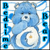 Blue Care Bear with closed eyes and hand over mouth, holding a crescent moon symbol on chest, surrounded by blue text reading "Bedtime Bear" in vertical