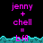 Pixelated text displays 'jenny + chell = bff' in pink on black with cyan wave border, repeated across multiple