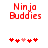 Red pixelated text "Ninja Buddies" above five red and pink heart icons on white background.