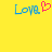 Yellow background with blue pixelated text 'Love' and a pink heart symbol on the left, and identical blue text 'Love' alone on the right.