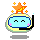 Pixelated character with light blue face, closed eyes, pink cheeks, and yellow border; orange star on head emits small stars and bubbles.