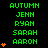 Green text lists names beneath 'AUTUMN' on black background with orange heart icons appearing in