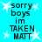 A static image with a bright cyan background, white star shapes scattered across it, and black text reading "sorry boys im TAKEN MATT" in multiple