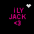 Pixelated pink text 'iLY JACK <3' on black background with white pixel art symbols above and to the right of the text.
