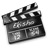 Black-and-white pixelated clapperboard icon with visible text and film-related symbols on its surface.