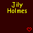 Yellow pixelated text 'Jily Holmes' on dark red background with two red heart icons below.