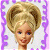 A 50x50 pixel animated buddy icon featuring a blonde doll with an elaborate updo, set against a purple and white decorative border on the left, paired with green text reading "Original Icons .com" on a dark green background to the right.