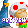 Pixel art character with white mushroom cap, red spots, blue cape with yellow star, and green pants; purple 'PREVIEW' text overlaid.