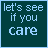 25 dark teal square with light blue borders, each displaying pixelated text variations of 'let's see if you care' in a retro digital style