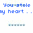Blue pixelated text on white background reads 'You stole and you've my heart..kept it ever since... isn't it time you gave me yours?' with two horizontal pixel bars below text blocks.