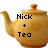A pixelated teapot with text changes across three views: 'Nick + Tea', then a single '4', and finally 'Eva!'.