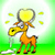 Pixelated cartoon giraffe with yellow head and neck, orange body, black hooves, and a large yellow circular object on its back, standing on green grass with yellow leaf-like shapes floating around.