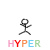 A 3x3 contact sheet of seven animated frames showing a stick figure performing various poses with the word "HYPER" in rainbow colors above or below it, on a white background with gray transparency area at bottom right.