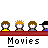 Pixel art of cartoon figures with varied hair colors and clothing, each labeled 'Movies' below, some displaying speech bubbles with text