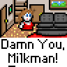 Animated contact sheet of a pixel art character in various poses and dialogue bubbles within a room setting, showing sequential frame changes from an AIM buddy icon animation.