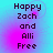 Pixelated text 'Happy Zach and Alli Free' on a cyan and magenta gradient background with subtle circular patterns.