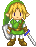 Pixel art character in green tunic with white undershirt and brown boots, holding silver sword with blue hilt, standing against gray background.