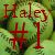 Pixelated static image with green background, brown text 'Haley' and red symbols resembling crosses or stars.
