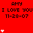 Red background displays repeated text 'AMY I LOVE YOU 11-28-07' with white heart symbols animating in vertical stacks.