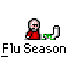 Animated pixel art contact sheet showing a character in red clothing with white hair using a computer, displaying sequential frame changes of green smoke or vapor effects near the keyboard.