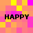 Pixelated of orange, pink, and yellow squares with four instances of the word HAPPY in bold black text
