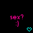 Pixelated pink text 'sex?' with a winking face ':)' above cyan heart and downward arrow symbols on black background.