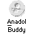 Pixelated circular icon with a blurred figure inside, set above bold black text reading 'Anadol Buddy' on gray background.