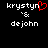 Two side-by-side pixel art text displays on black background, each showing "krystyn" above "&" above "dejohn" with one version featuring a red heart symbol replacing the 'y' in "krystyn".
