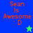 A pixelated icon with red text "Sean Is Awesome :D" on a blue background, featuring a green star and a blue star in different frames.