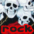 Multiple white skulls with black eye sockets and nasal cavities arranged in a above red text reading "Rock on!" on a dark background