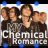 Four people in dark clothing pose together with a 'Chemical Romance' text overlay on a white background, surrounded by blue and black corner elements.