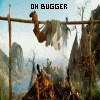 A character hangs upside down from a wooden frame above a fire, with a mountainous landscape in the background and "OH BUGGER" text at the top.