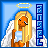 Pixel art angel icon with blonde hair, wings, halo, and blue dress holding a light blue object against a blue background with vertical text on the right side.