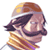 Pixelated 50x50 AIM buddy icon showing a character with brown hair, dark side-swept bangs, and a yellow-and-brown striped scarf or collar against a white background.
