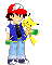 Pixelated character in red cap and blue vest holding yellow creature with green cheeks against gray background.