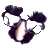 Pixelated static icon of a stylized figure with dark hair and light skin, featuring prominent facial features including large eyes and a wide mouth, set against a plain gray background.