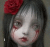 A doll-like figure with dark hair and a red rose in hair, white face with red tear-like marks, static expression, and text 'i hurt' below.