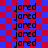 red and blue checkered squares with repeated black text 'jared' in a pixelated font, displayed in a static pattern