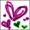 A static image of multiple heart shapes in pink, black, and green outlines on a white background.