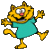 Yellow cartoon cat in teal shirt performing various poses including standing, jumping, and inverted positions with open mouth expression.