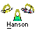 Animated contact sheet of a pixel art buddy icon featuring yellow stick figures and flower-like shapes with the name "Hanson" displayed below each frame.