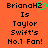 Orange background with black pixelated text reading "BrianaH2 Is Taylor Swift's No.1 Fan!" and a green heart symbol replacing the '2' in 'BrianaH2'.