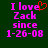 Green background with pink pixelated text reading "I love Zack since 1-26-08" and a red heart symbol above the word "love" in one view, without the heart in another.