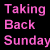 A 50x50 pixel animated contact sheet with four frames showing a group of people in two distinct scenes: an outdoor setting and an indoor gym-like environment, accompanied by pink text reading "Taking Back Sunday Kicks Ass!" on a black background.