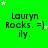Green background with repeated text "Lauryn Rocks. =) ily." and scattered white stars, some of which move across frames.