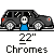 Animated sequence showing three identical cartoon cars with blue-shirted figures, each labeled '22'' and 'Chromes', followed by four wheel designs.