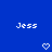 Blue background with two white pixelated 'Jess' text labels and two heart symbols, one solid and one outlined.