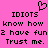 Pixelated text on a bright pink background with a heart symbol above the word 'IDIOTS' in two identical mirrored sections.